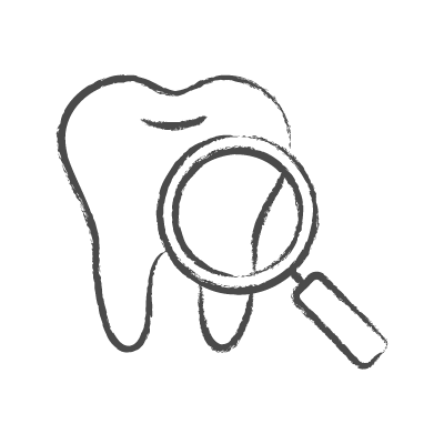 Implant dentystyczny z ikoną szkła powiększającego na czarnym tle.